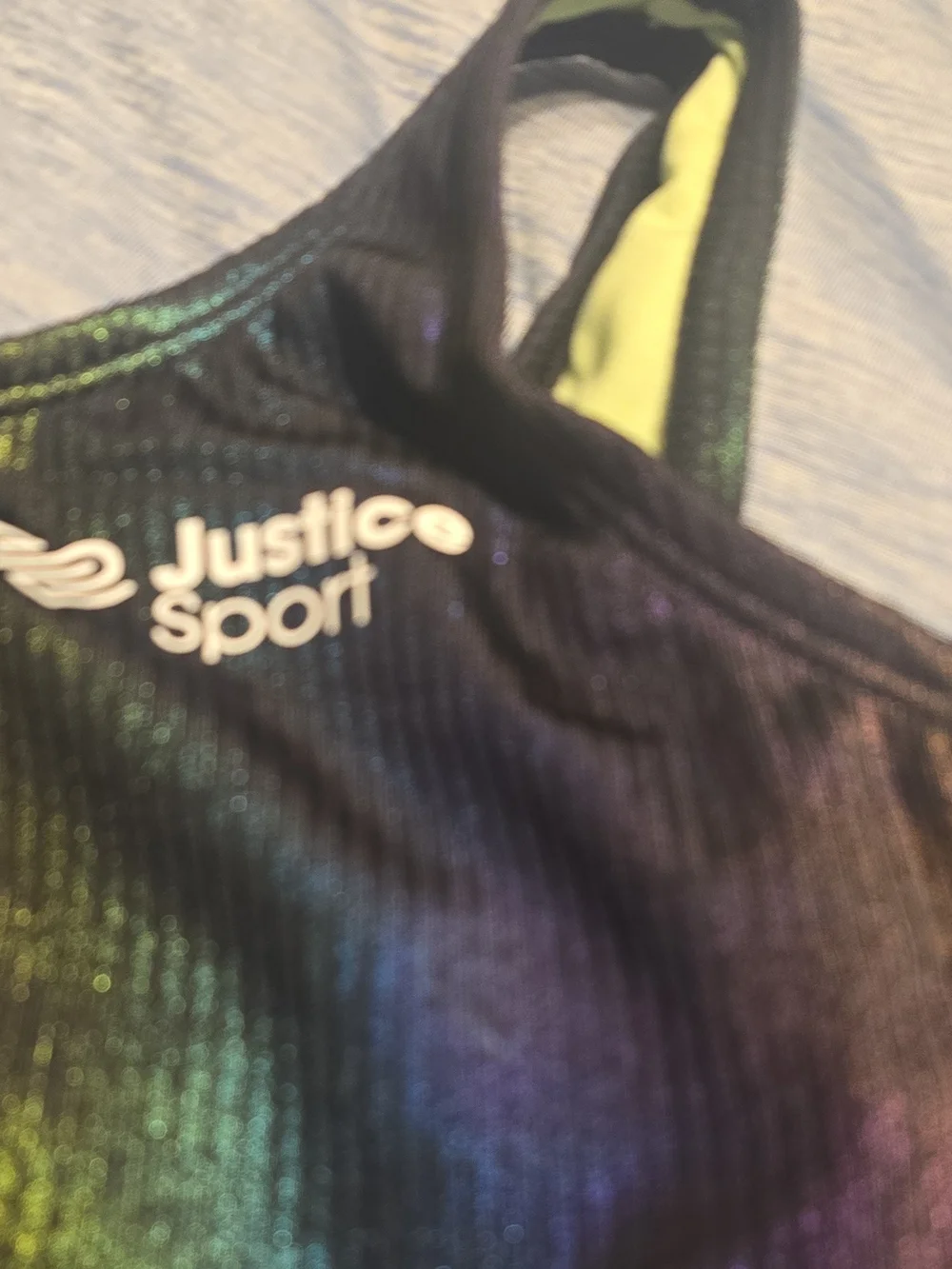 Justice Girls One-Piece Swimsuit in Iridescent Black with Lime Green Lining
